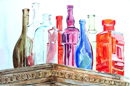 Watercolor of bottles on top of a closet. The glass bottles are of different shapes, colors and height. The closet rim can be seen across the bottle forming a corner pointing at the spectatpr