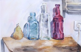 A large watercolor of colored glass bottles on top of a wooden table. There is a pear on the little table and a plug, plugged in the wall. There is also a peice of furniture on the top right hand side.