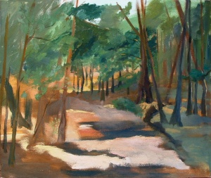 An oil painting of a path in the forest of Cantalojas, Spain You can see bits of the blue sky through the trees and most of the trees are pine trees.