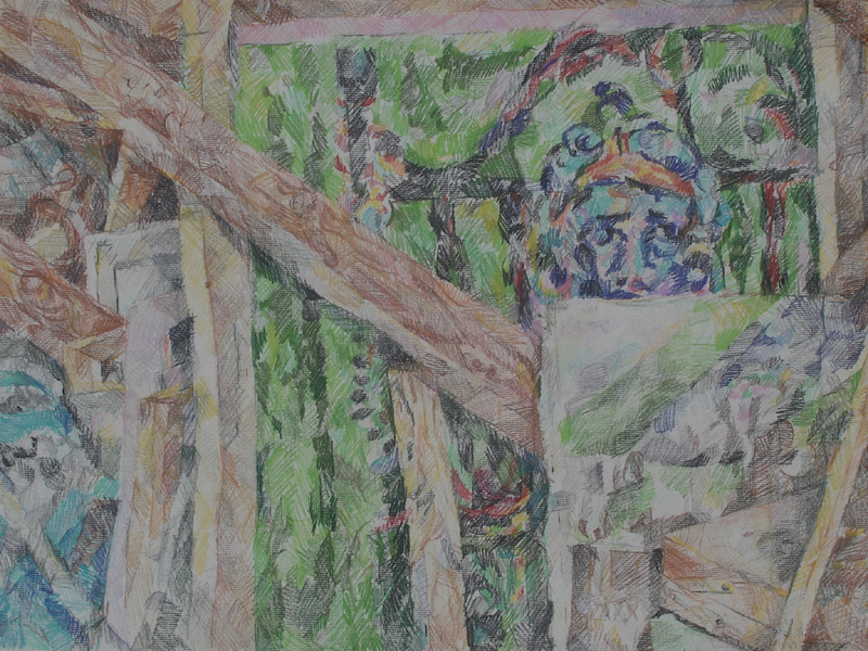 A colored pencil drawing of paintings in the attic. wooden beems.