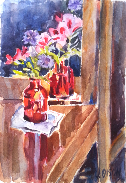 Small Red Bottle with Wildflowers2016