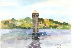Watercolor of Lake Tildon, a park with lakes and a tower in the middle with green mountains in the background and blue sky with puffy white clouds.