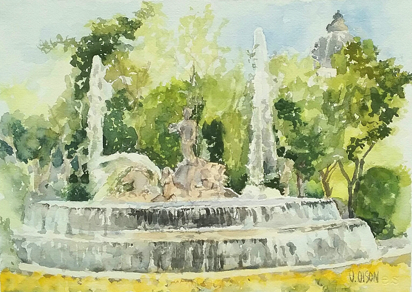 Watercolor of Neptune Fountain in Madid close to the Prado Museum. A fountain with water shooting up in the air between trees a a faint view of buildings in the distance. Nepturn Fountain is a stone fountain with Neputne standing in the middle riding on top of Horses drawing him as he rides the waves.