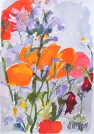 A small watercolor of spanish poppies with little purple wildflowers and daisies.