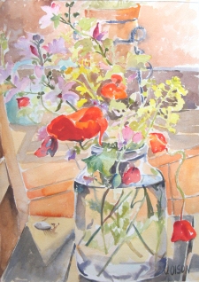 A watercolor of Spanish red poppies and little purple and yellow flowers in a glass pickle jar.