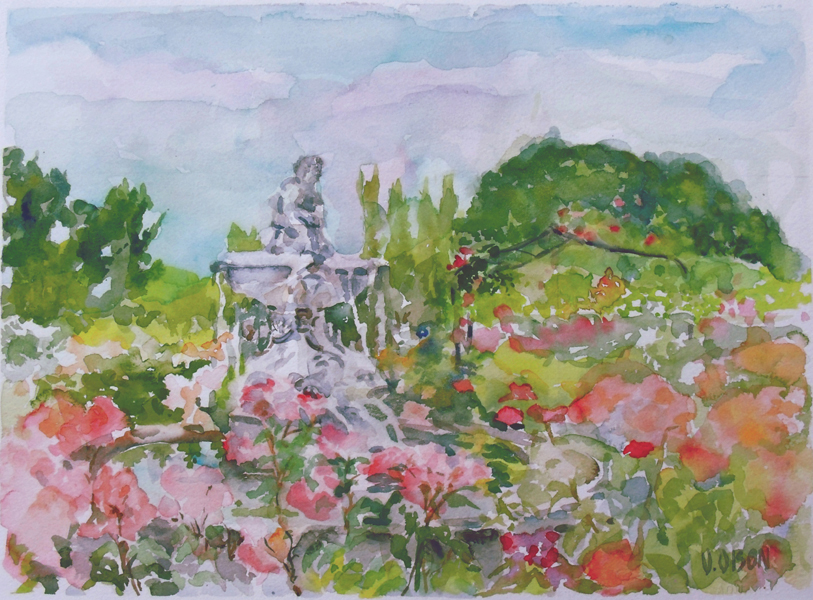 A watercolor of a Spainish Rose Garden with a fountain called La Fuente del Faunito. Pink and Red Roses under a cloudy sky.