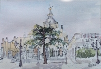 A small watercolor of the Almudena Cathedral. Blue sky with a bit of crimson. The Almudena has a huge evergreen growing in front of the gate. There are a few street lamps with the black latern from days of old. The view is from accross the street.