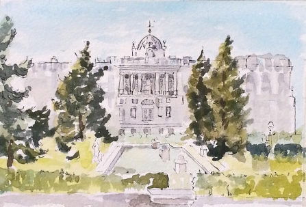 A small watercolor of the Royal Palace with evergreens on each side flanking a pool with three square fountains in the middle. A big blue sky and bright green grass.