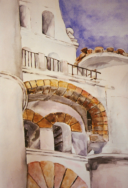 A watercolor of San Diego State University Patio Spanish Style