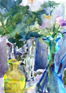 A watercolor of a short yellow bottle, a crystal vase with a rose in it in the background and a gleass blue ewer with a few wildflowers in the foreground.