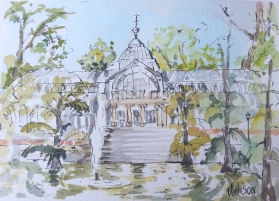 A line and watercolor wash over pen and ink of the Crystal Palace.