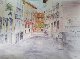 A large watercolor of a popular street in Madrid in Plaza del Conde de Barajas.