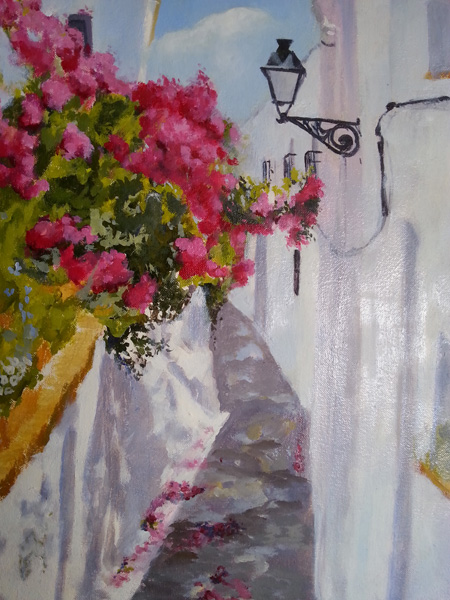 Oil Painting of a street in Andalucia . There are white walls and bougainvillea