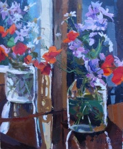 Oil Painting of Bugainvillea and Poppies in Pickle Jar. This is on a table reflected in the mirror