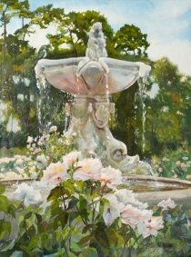 Fuente del Fauno. A stone fountain in the Retiro Park Rose Garden. The sky has a few light clouds. It is a beautiful realistic tempera and oil painting of a spanish fountain with white roses.