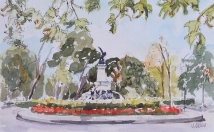Watercolor of the Fallen Angel Fountain. There are red flowers around the fountain
