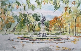 Watercolor of the Fallen Angel Fountain in the Retiro Park in Madrid Spain. The sky is blue with a few clouds and the leaves are turning a golden orcher color