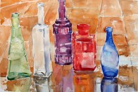 Watercolor painting Glass Bottles in the Rain
