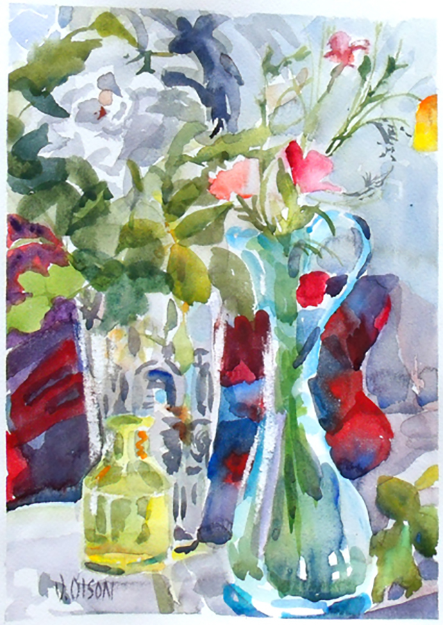 Watercolor of blue ewer and orange poppies