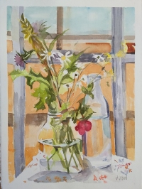 A watercolor of Wildflowers in a Pickle Jar