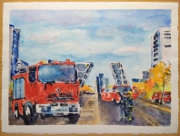 A watercolor of a Fire Truck in Madrid, Spain