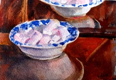 Watercolor of Pink Marshmellows in ceramic dessert dish