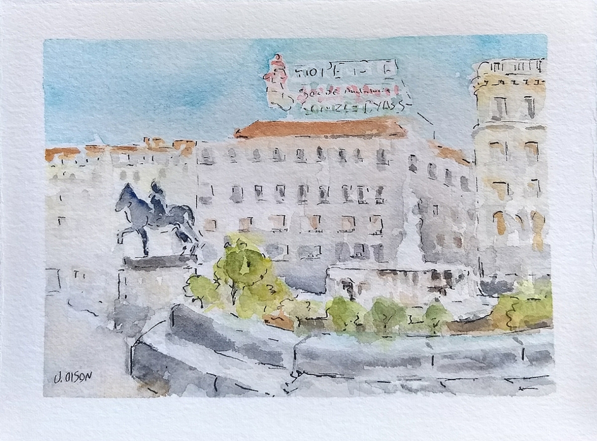 Watercolor of Puerta del Sol on New Year's day Madrid Spain