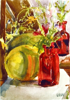 Watercolor of Summer Yellow Melon and Red glass bottle