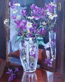 Oil painting of bougainvilla in crystal vase with some daisies