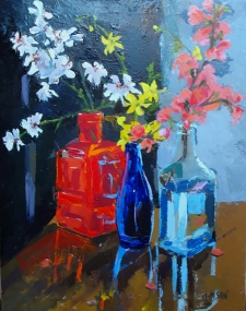 Oil painting of Red, blue and light blue transparente glass bottles with flowers in water.