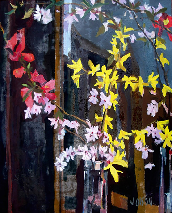 Oil painting of spring blossoms Japanese scarlet quince, yellow retama and almond blossoms.
