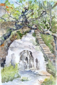 Watercolor of a waterfall running through the town of Trillo