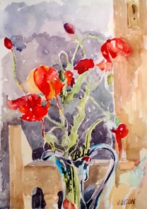 Watercolor of Red Poppies in Blue Vase on wood chair.