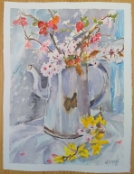 Watercolor of White Vintage Coffee Pot and Spring Flowers