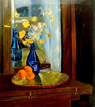This is a painting of oranges next to a blue water bottle made of glass.