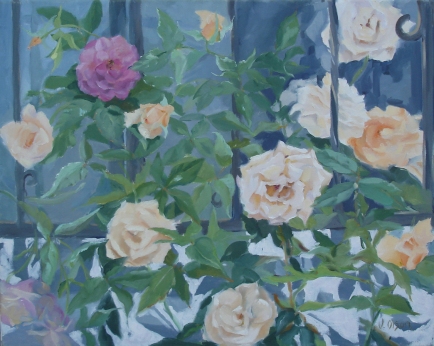 This is an egg tempera painting of pink and white roses outside with a window in the background in a painting