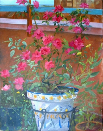 This is an oil painting of Red Roses on a Spanish Terrace.